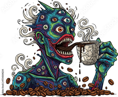 Vector Illustration of Coffee-Drinking Monster with Coffee Bean Sprinkles