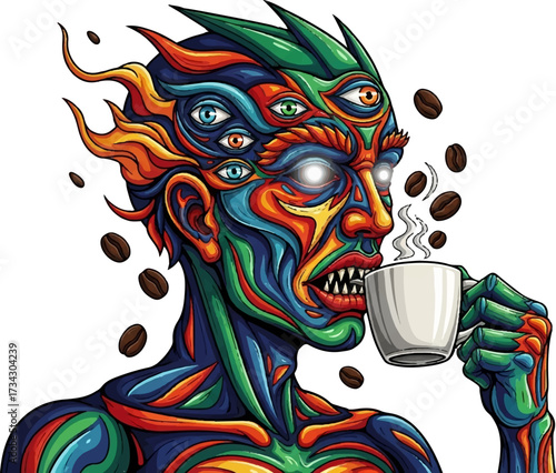 Vector Illustration of Coffee-Drinking Monster with Coffee Bean Sprinkles