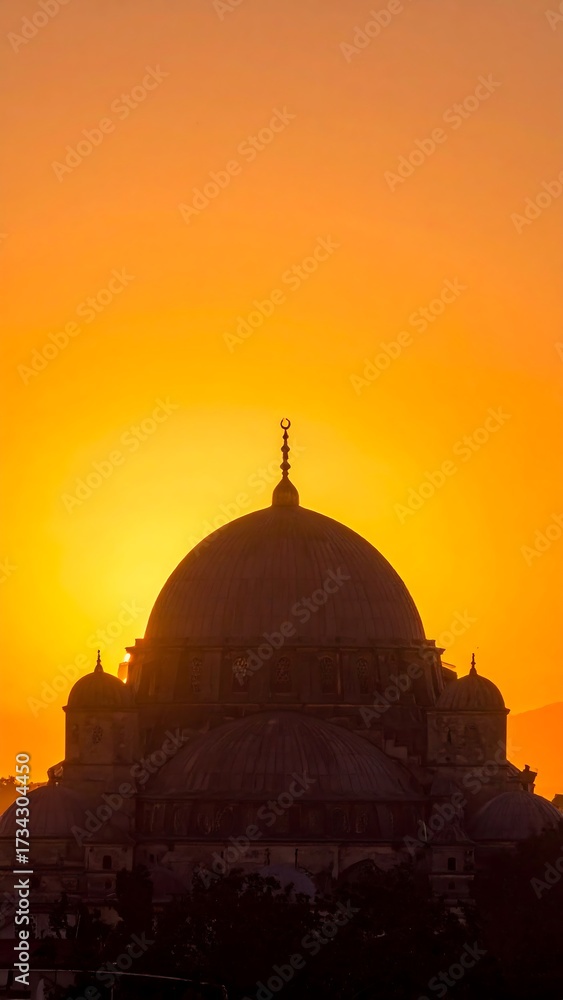 Fototapeta premium Silhouette of a magnificent mosque at sunrise, bathed in warm golden hues.