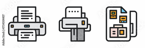 Vector icon sheet of printing and copying shop equipment