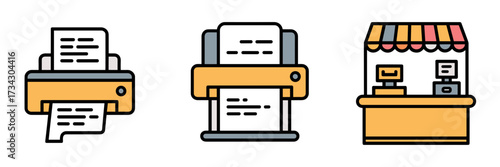 Vector icon sheet with printer, large format printer, and cash register counter