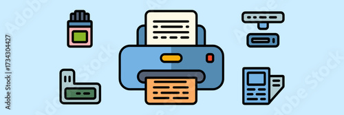 Vector icon sheet of printing and copying shop equipment