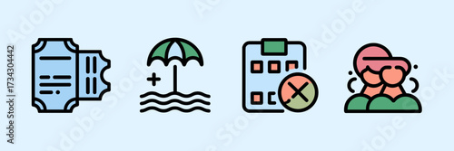 Vector icon sheet for travel branding with boarding pass, beach, hotel, and tour
