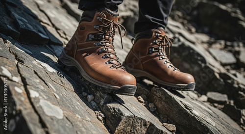 Conquer rugged terrain with durable brown leather hiking boots providing superior grip and support on rocky mountain trails