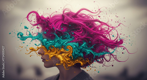 Vibrant mind explosion of colorful paint swirls and strands erupting from a profile view of a woman's head, symbolizing creativity and abstract thought.