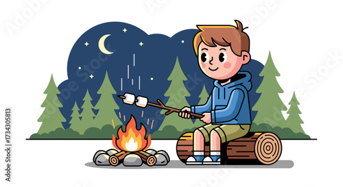 Cartoon illustration of boy roasting marshmallows over campfire at night camping adventure outdoors fun