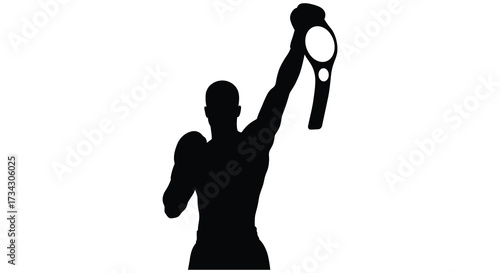 A victorious athlete raises a championship trophy in celebratory silhouette