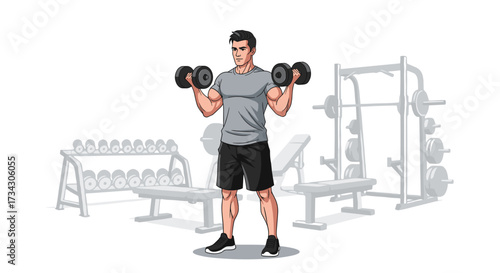 Man doing dumbbell curls workout in gym for biceps muscle strength training and fitness exercise routine
