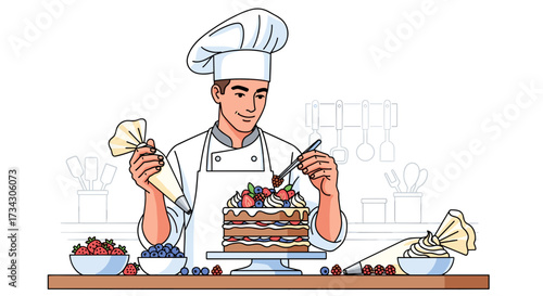 Baker decorating cake with berries and cream a culinary masterpiece in the kitchen for dessert lovers