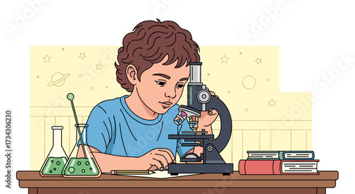 Boy using microscope for science experiment learning biology in laboratory education and research study tool