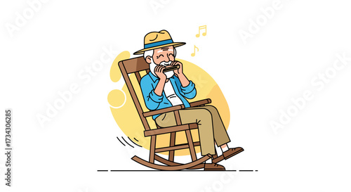Illustration of senior man playing harmonica in rocking chair vector art image for music lovers design