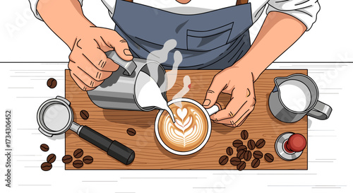Latte art tutorial barista pouring milk into coffee cup for beautiful design professional coffee making