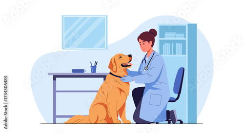 Veterinarian examining golden retriever dog in clinic for annual checkup and healthcare treatment visit