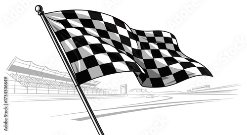 Checkered flag race finish line waving at racetrack grandstands for motorsport victory and competition success