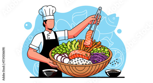 Chef preparing delicious poke bowl with fresh ingredients healthy eating culinary art vector illustration