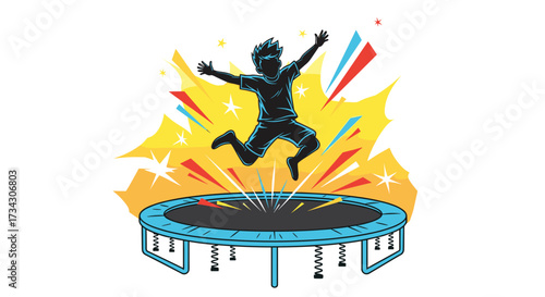 Boy jumping on trampoline vector illustration for recreational activity and fun exercise outdoor playground design