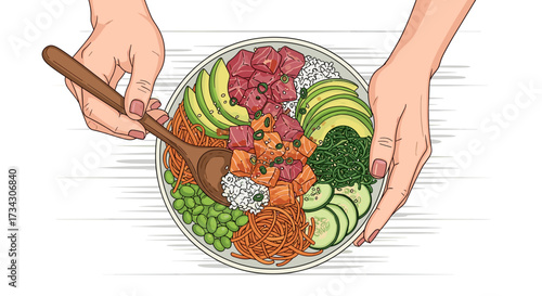 Delicious poke bowl with tuna salmon avocado seaweed and rice served by hands with wooden spoon eating