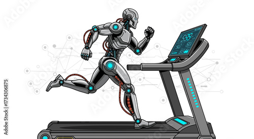 Robot running on treadmill illustration for fitness technology and ai exercise concept design vector drawing