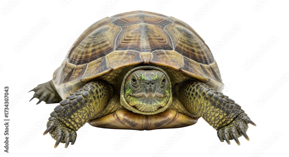 Fototapeta premium Isolated portrait of a brown tortoise with olive-green face in front view, staring forward