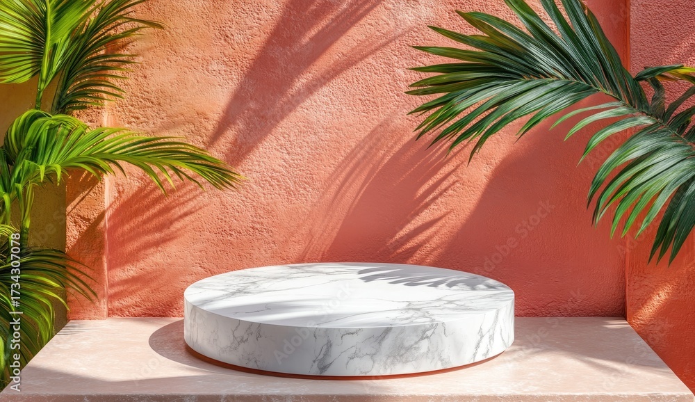 Obraz premium Marble stage by stucco wall, palm leaf shadows
