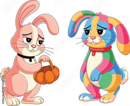 Cheerful Cartoon Rabbit Character Mascot with a Big Smile Carrying Two Red Duffel Bags for Travel or the Gym, Vector Illustration for Fitness or Vacation Themes.