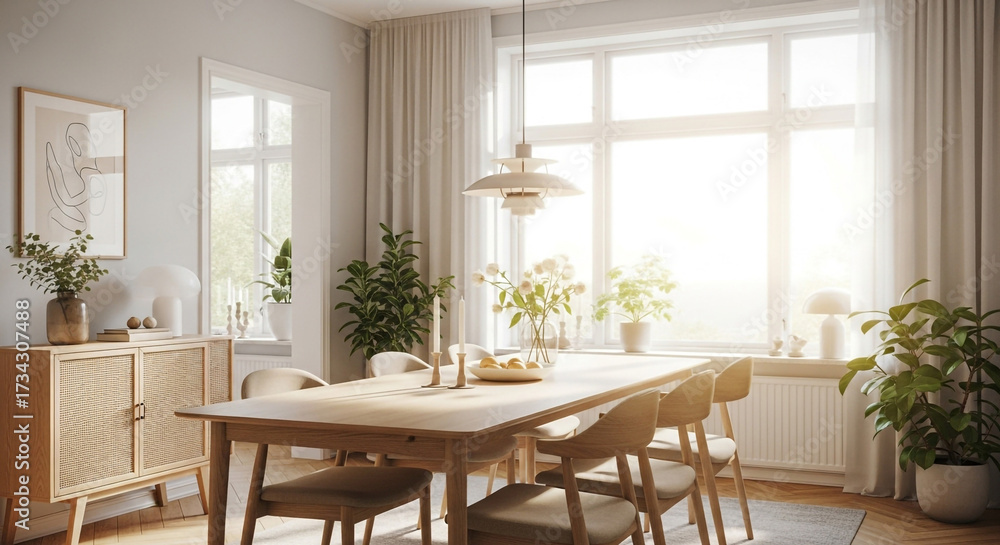 Fototapeta premium Bright, modern dining room bathed in natural sunlight, featuring a light wood table, chairs, and a rattan sideboard perfect for serene home decor inspiration.