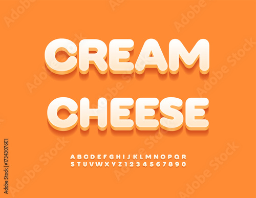 Vector Tasty badge Cream Cheese. White Round 3D Font. Creative Uppercase Alphabet Letters and Numbers set.