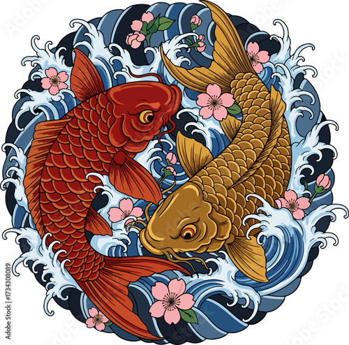 Colorful Koi Fish with Lotus Flower and Japanese Waves Vector Illustration