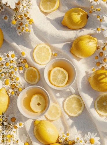 Lemons, tea, flowers laid out on draped white fabric