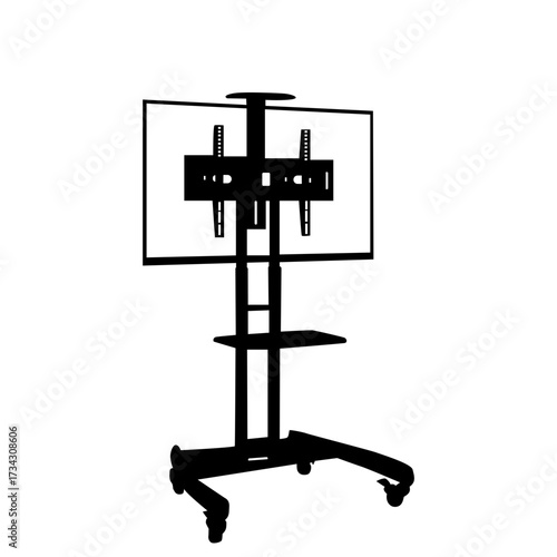 Black tv stand with wheels isolated on white background for modern living