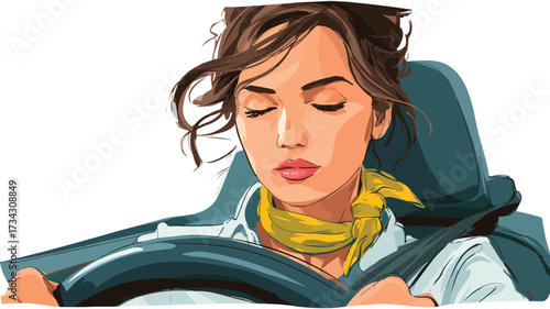 Fearless Woman Driving Car with Eyes Closed Vector Illustration