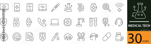 Minimal Medical Tech Line Icon Set 30 Clean Outline Symbols for Healthcare, Devices, and Innovation Design 