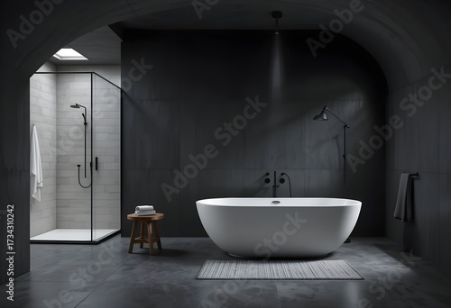Luxury dark minimalist bathroom interior with freestanding bathtub and glass shower cabin