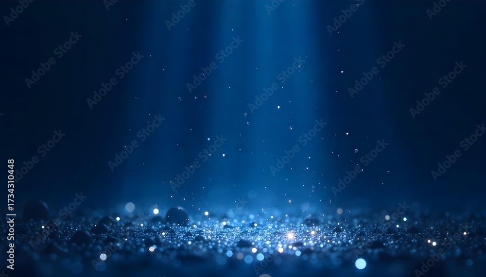 Obraz premium Light blue background with light rays and particles, light coming from the bottom , bright , underwater