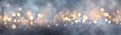 elegant abstract holiday background, warm golden bokeh lights on gray blue, sparkling particles, banner with copy space, Christmas, New Year, holiday campaigns, luxury branding, cozy winter design.