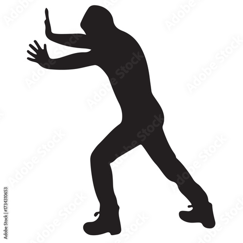 Pushing Silhouette Illustration – Hooded Figure in Dynamic Resistance Pose