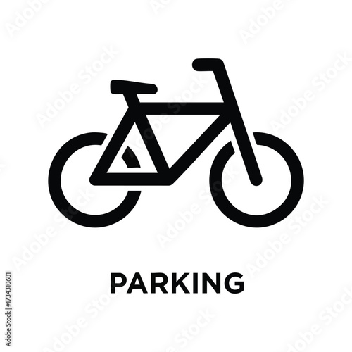 Simple black and white of a bicycle with the PARKING underneath, representing bicycle parking or bike storage signage