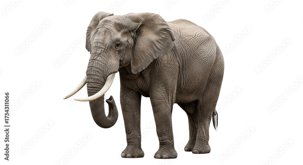 Obraz premium Isolated African elephant standing, with long tusks, ears flapping, a full view of its body