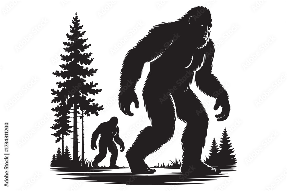 Fototapeta premium Bigfoot Silhouette Walking in Forest.