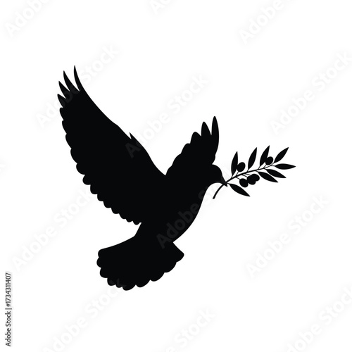 Imaginative silhouettes featuring a graceful flying dove with an olive branch. This clean black graphic icon symbolizes peace, hope, and freedom