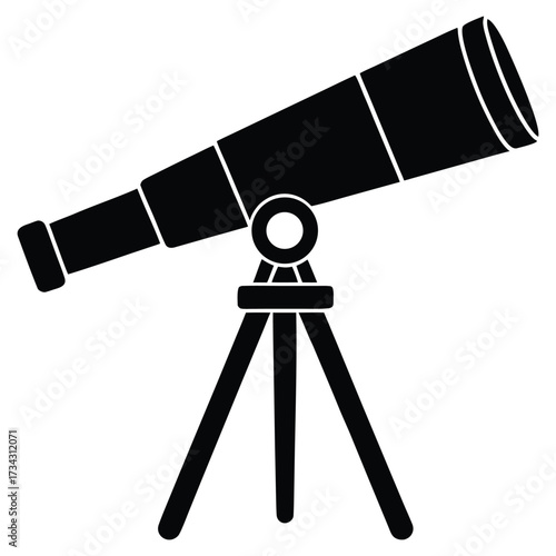Isolated vector illustration of an old black metal telescope on a tripod stand, next to a man with a sword, and a man looking through the telescope