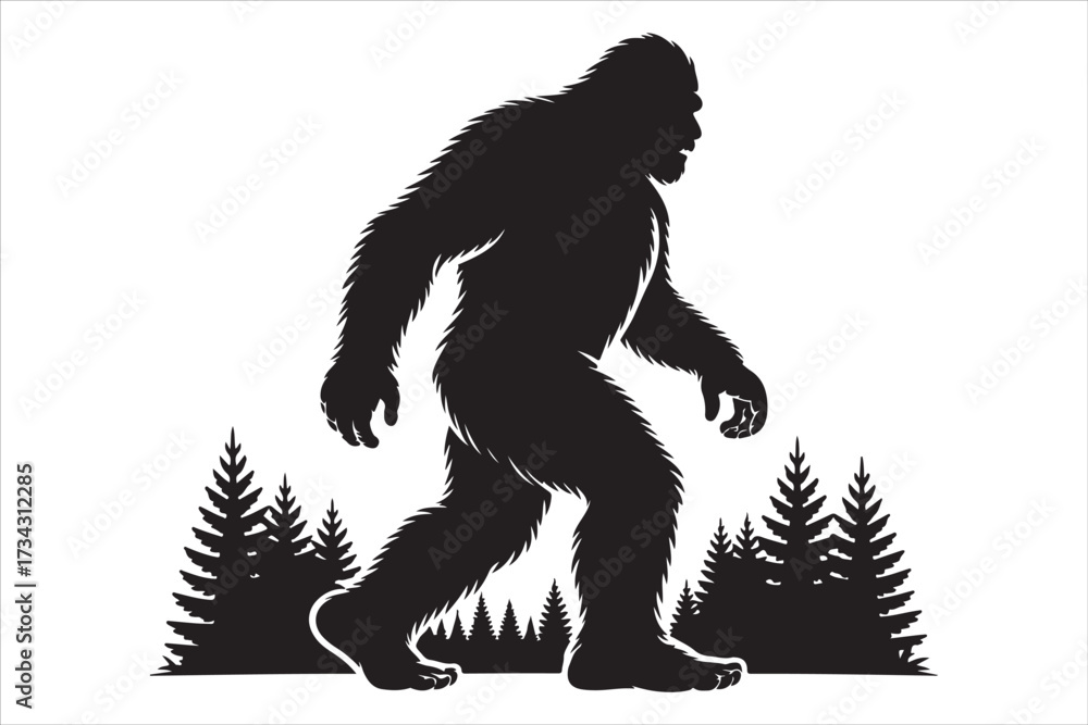 Obraz premium Bigfoot Silhouette Walking in Forest.