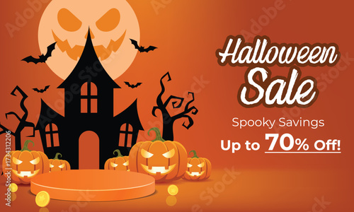 Halloween Sale Banner with Pumpkins and Haunted House Illustration