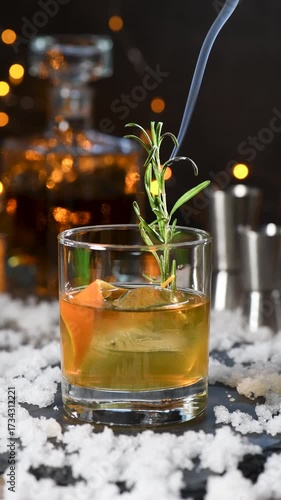 Smokey Christmas Cocktails Old Fashioned for the Holidays. Vertical video.Real time