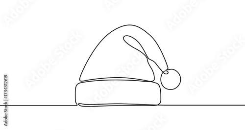 Santa Claus hat in one line art style. Christmas hat drawing with editable black stroke on white background. Vector illustration.