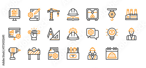 Set of Engineers Day icon. Computer Design, Document Setting, Construction Crane, 3d Printer, Crane, Factory, Engineering, Compass Ruler, Settings Chat, Light bulb, Drill, Barrier, File illustration. 