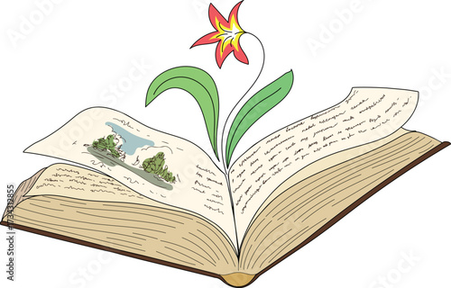 An ancient open book with a flower growing out of it