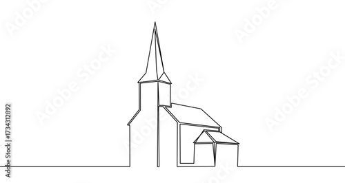 Church with bell tower in one line art style. Church drawing with editable black stroke on white background. Vector illustration.
