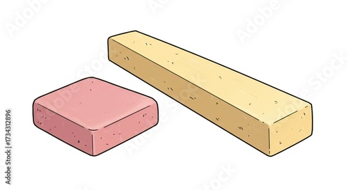Two erasers one square pink and one rectangular yellow on a white background.