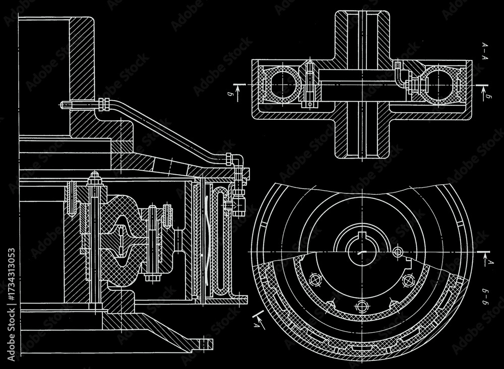Obraz premium Clutch with shaft. Scheme of machine part. Engineering automotive mechanical drawing of steel device with dimension line. Industrial design on paper sheet. Technology hand drawn schematic diagram.